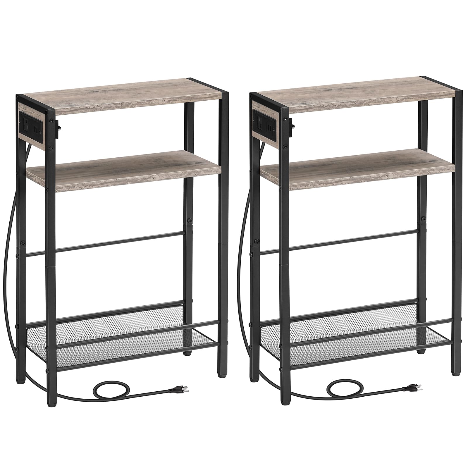 HOOBRO Small Narrow Side Table with Charging Station, Skinny End Table for Small Spaces, Slim Nightstand with USB Ports Outlet, Sofa Beside Table with Storage Shelf, Rustic Brown and Black BF102UBZ01