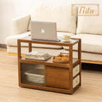 Tiita Rattan Nightstand Side Table, Bamboo Accent Bedside Tables, Glass Coffee Tables, Boho Wooden End Table with Storage for Small Space, Living Room and Bedroom