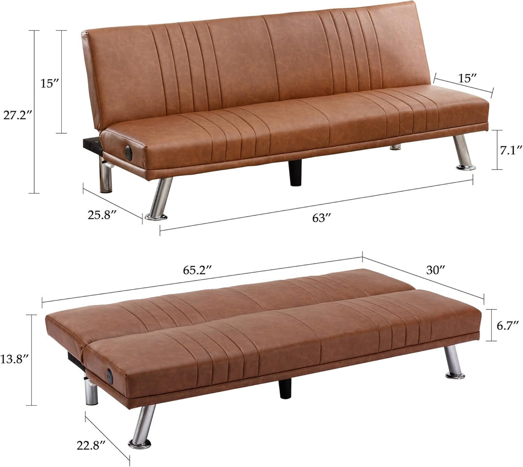 VECELO Modern Couch Bed, Convertible Sofa Bed/Folding Sleeper Couches Faux Leather Futon for Living Room, Futon Sofa Bed, Brown