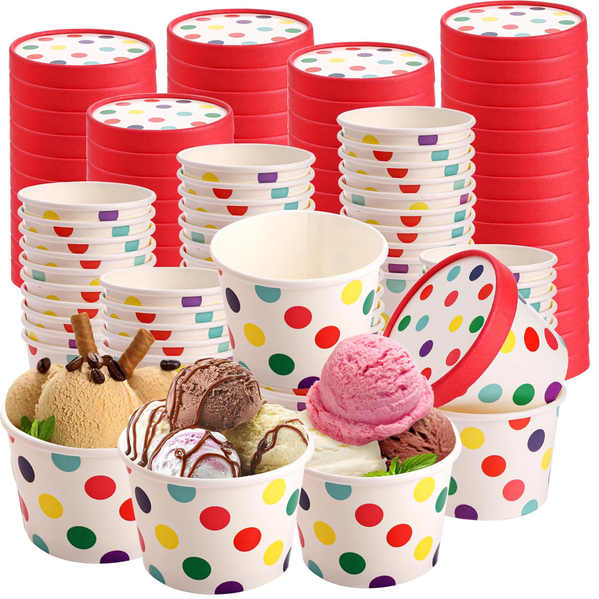 Dicunoy 60 Stück 8 oz Papp-Eisbecher mit Deckeln, Einweg-Sundae-Dessertschalen, Gefrorene Joghurtbehälter Partyzubehör für heiße und kalte Speisen, Suppe, gefrorenen Joghurt, Salat, Obst