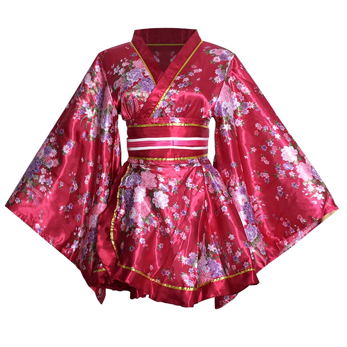 HUAHUA Women's Sexy Short Kimono Dress Floral Print Japanese Traditional Geisha Robe Bathrobe Skirt Belt Outfit
