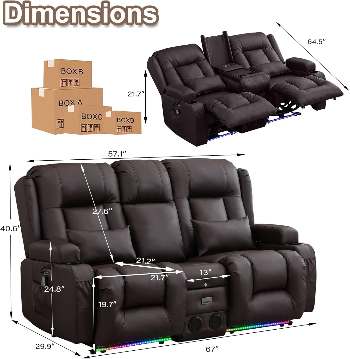 TUNYI Power Loveseat Recliner Sofa with Massage & Heat Home Theater Seating with Console Electric Recliner RV Sofa with USB/Outlet/Storage/Side Pocket/LED Light/Speaker (Brown, Loveseat)