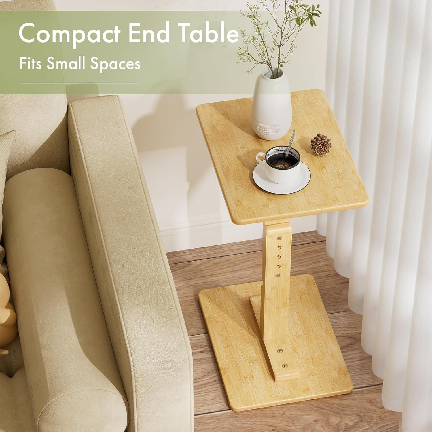 Amazer Bamboo End Table, Height Adjustable Side Table for Couch, Small Drink Table for Small Places, Sofa Tray Table for Living Room, Bedroom Home Office, Natural Color