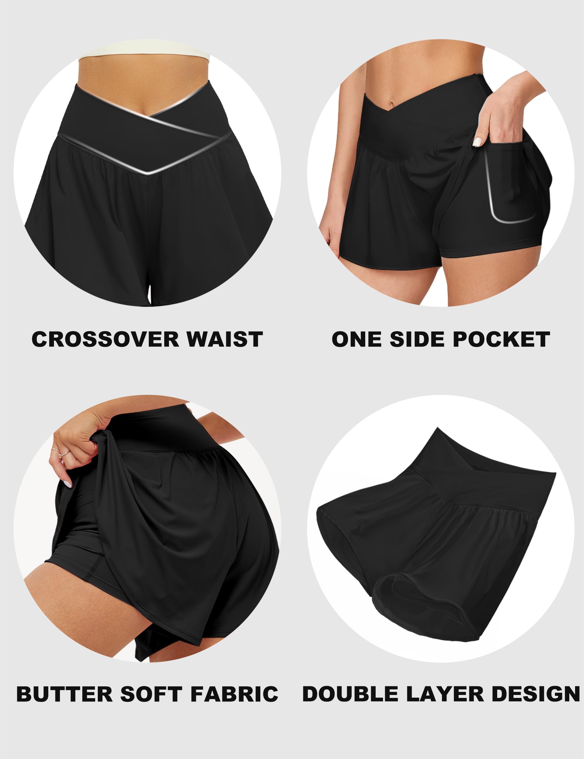 FireSwan crossover atletikshorts til kvinder 2 i 1 flydende løbeshorts med lommer spandex sommerfugl trænings-tennis skorts sort