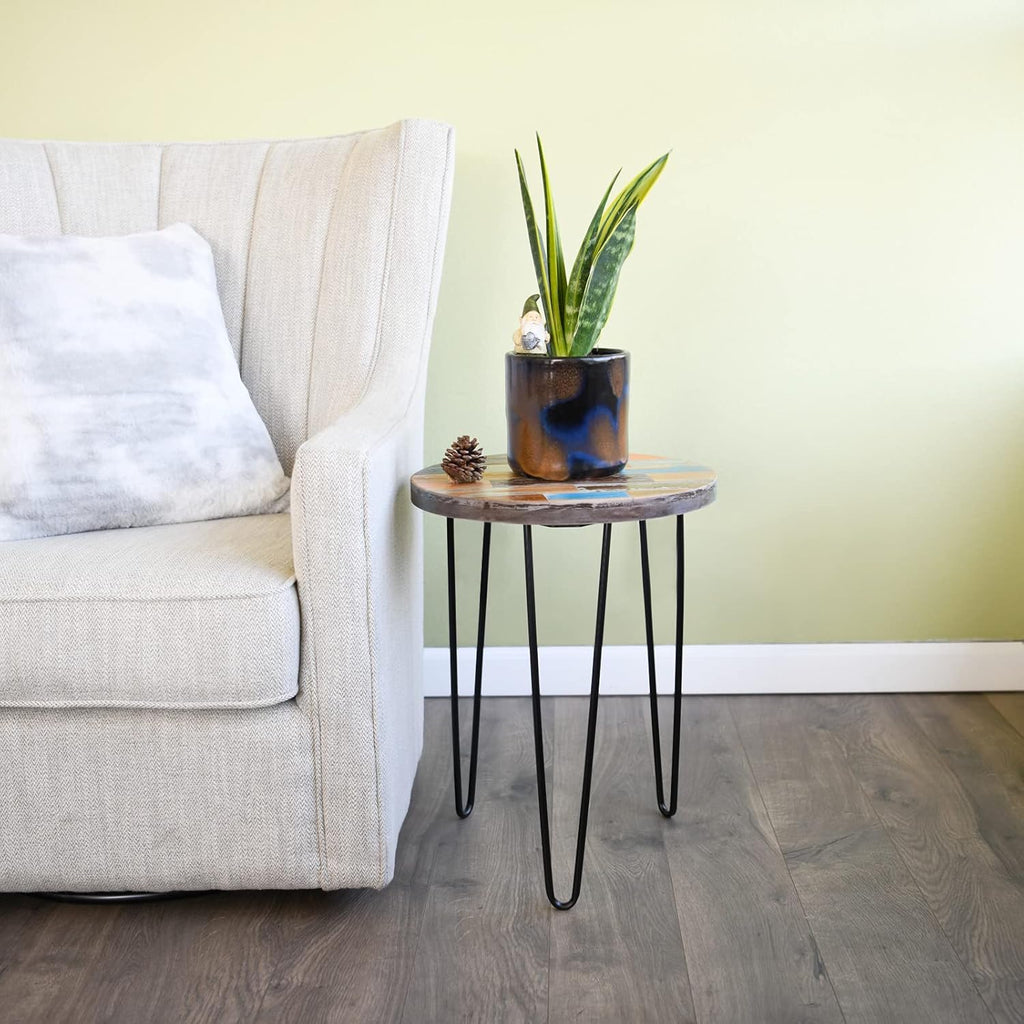 WELLAND Reclaimed Wood Side Table, Round Hairpin Leg End Table, 16" L x 16" W x 20.5" H, Night Stand, Recycled Boat Wood for Living Room, Bedroom, Home Office, Patio