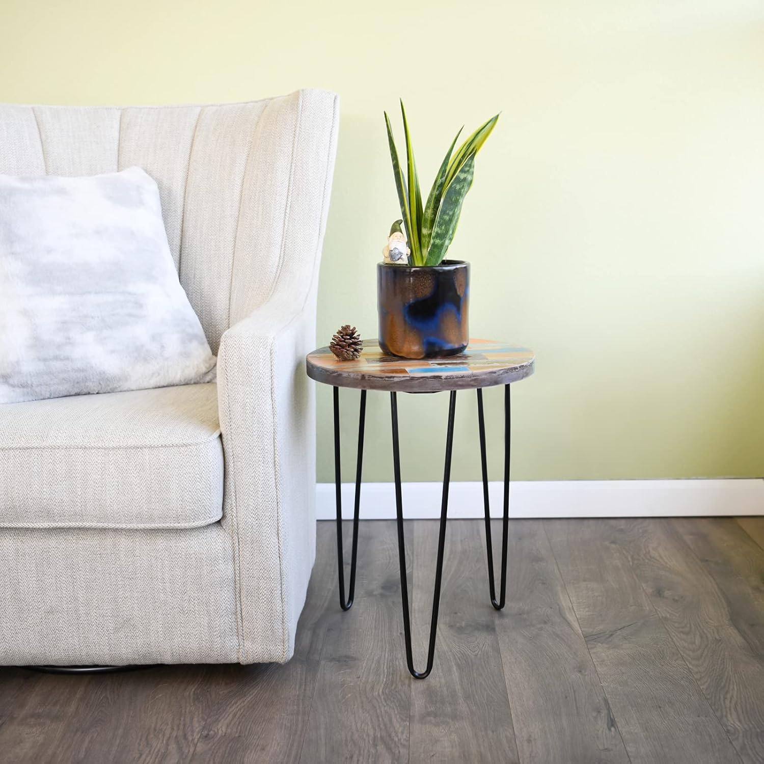 WELLAND Reclaimed Wood Side Table, Round Hairpin Leg End Table, 16" L x 16" W x 20.5" H, Night Stand, Recycled Boat Wood for Living Room, Bedroom, Home Office, Patio