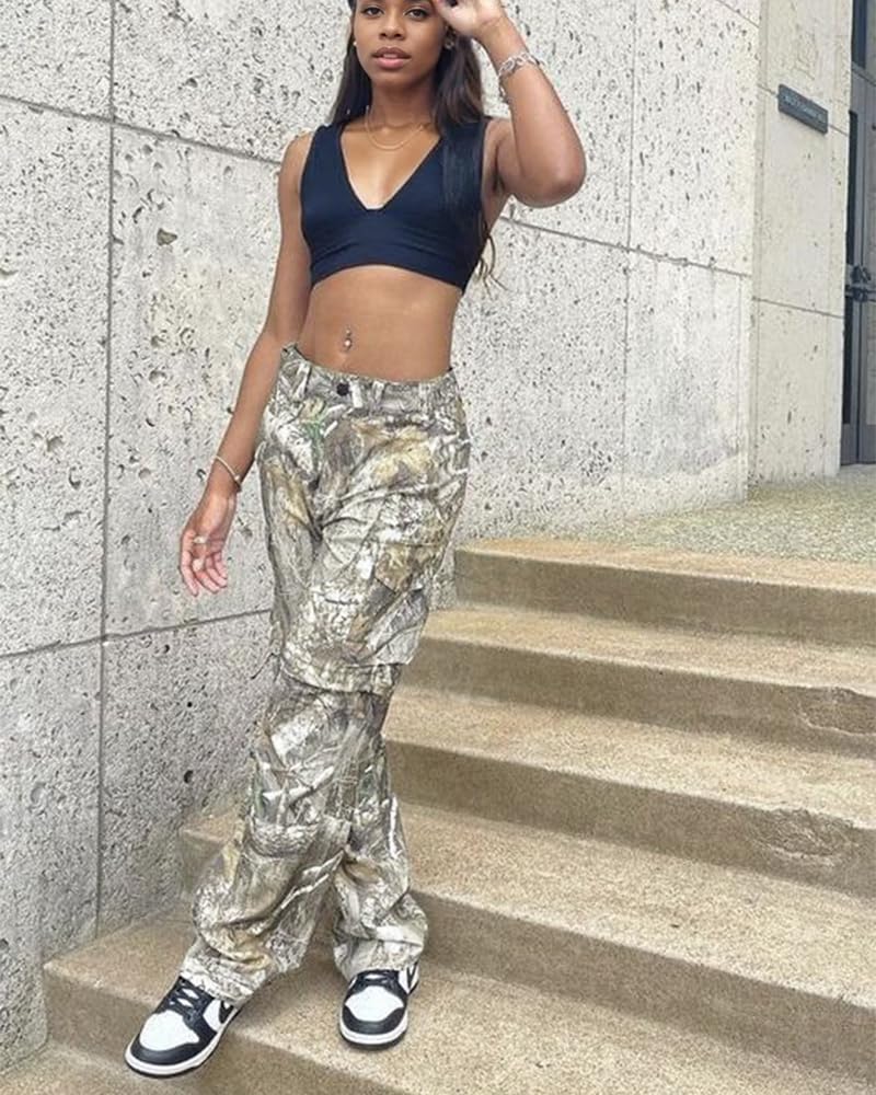 LaurelTree Camo Cargo Pants Straight Wide Leg Trousers Jeans Joggers Sweatpants with Pockets Stretch Fabric Women Men Camo 03 S