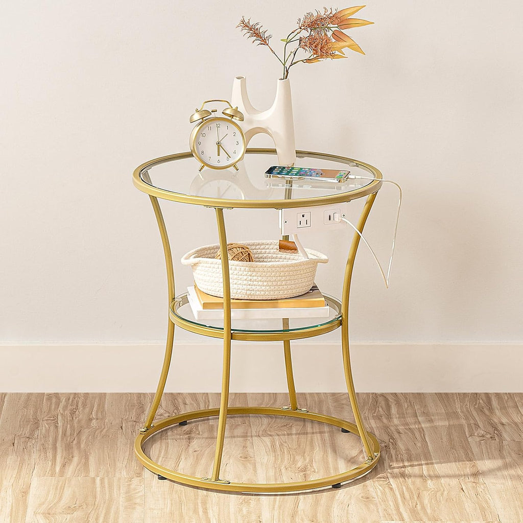 HOOBRO Round Coffee End Table with Charging Station, 2-Tier Small Accent Side Table with Glass Top, Round Nightstand for Small Space in Living Room, Bedroom, Gold GD83UBZ01