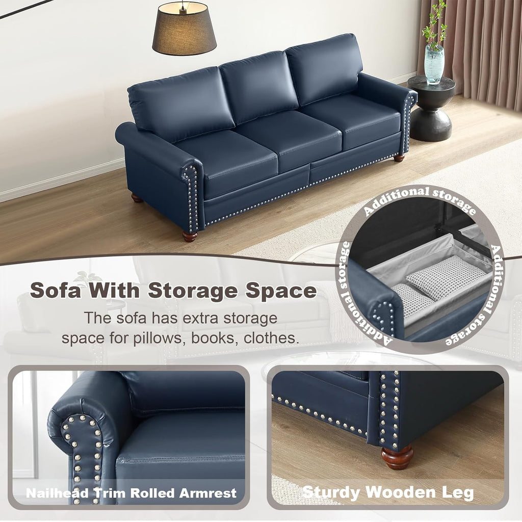 3 Piece Faux Leather Sofa Set,Mid Century Modern Couch and Loveseat Sets with Storage,Comfy Deep Seat Sofa with Nailhead Trim & Rolled Arm for Living Room,Office(Armchair+Loveseat+3 Seater,Navy Blue)