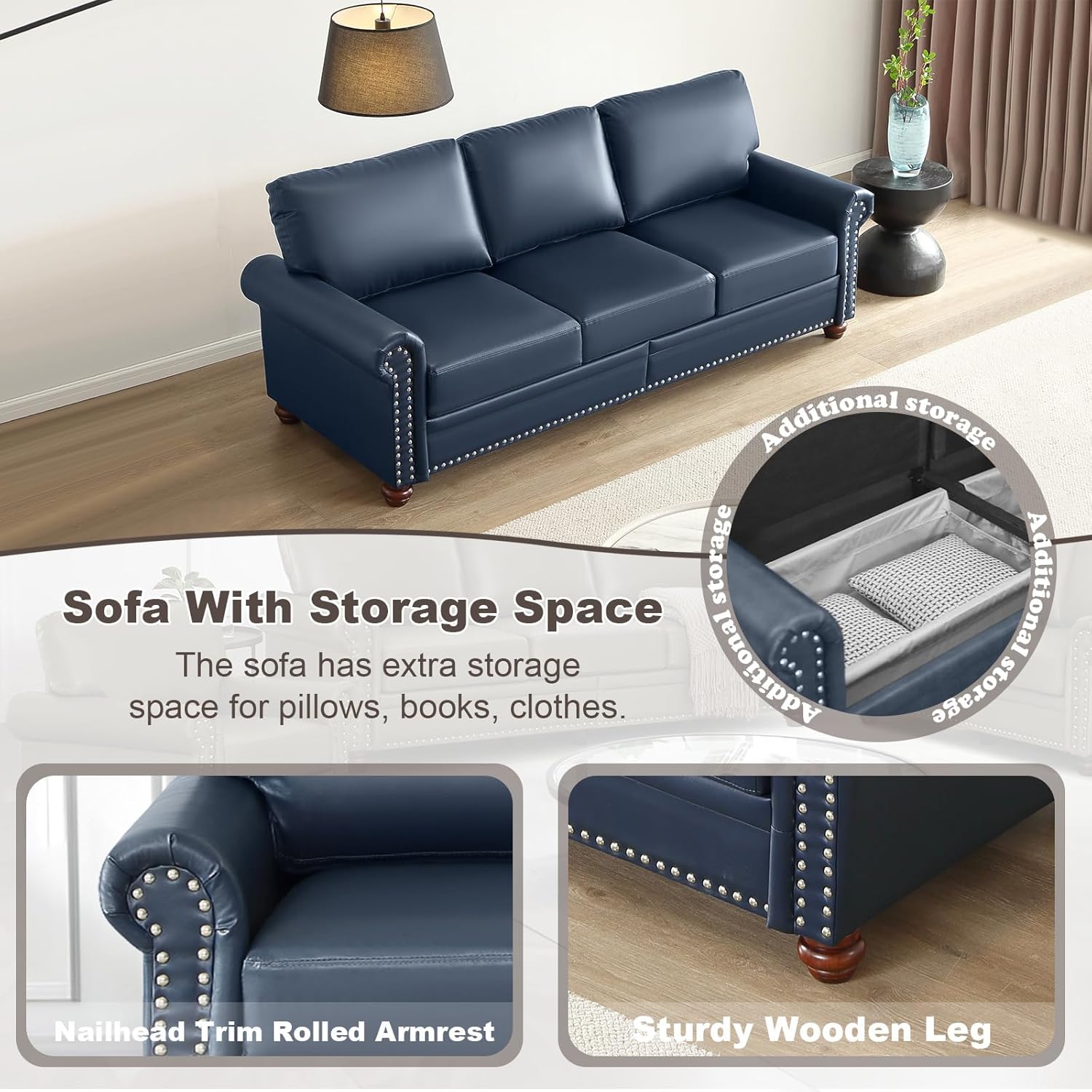 3 Piece Faux Leather Sofa Set,Mid Century Modern Couch and Loveseat Sets with Storage,Comfy Deep Seat Sofa with Nailhead Trim & Rolled Arm for Living Room,Office(Armchair+Loveseat+3 Seater,Navy Blue)