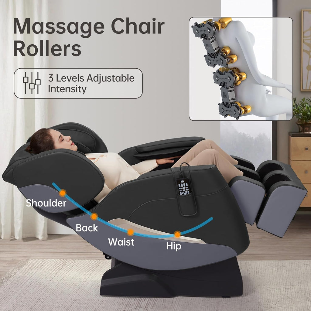 2025 Massage Chair, Full Body Zero Gravity Massage Chair with Auto Modes, 8 Fix Point Rollers, Bluetooth, Foot Massage, Heating Function, Black and Gray