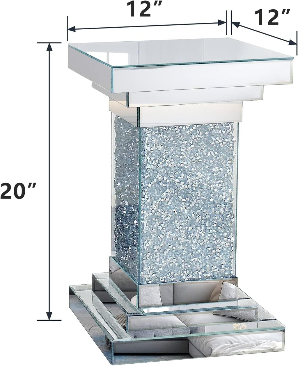 Pregaspor Silver Mirrored End Table, Square Side Table With Crystal Inlay, Modern Gorgeous Coffee Table for Living Room Bedroom