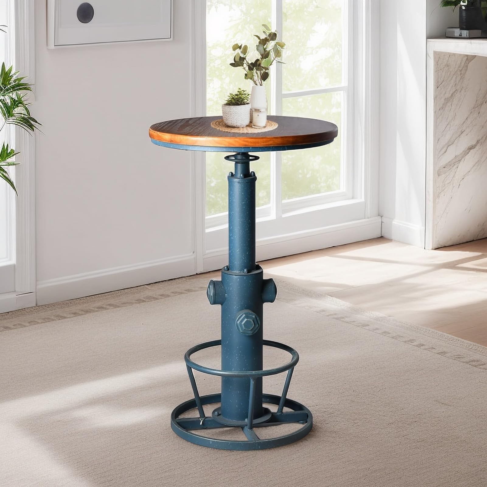 Industrial Bar Table Swivel Round Wooden Top Height Adjustable 38.6-44.4inch Vintage Kitchen Dining Chair Coffee Table Hydrant Design Bistro Table