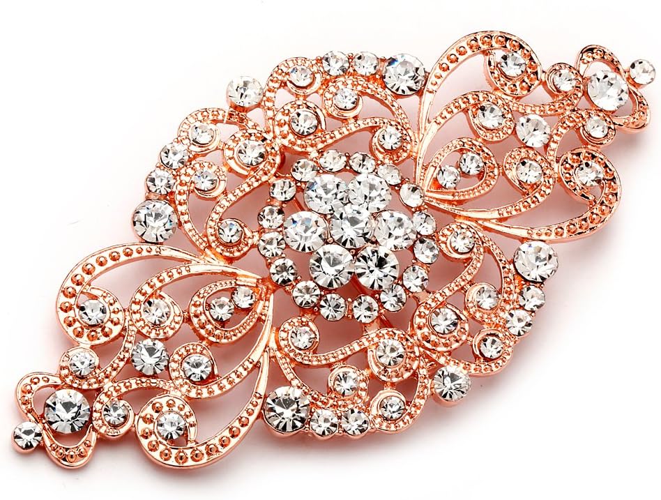 Mariell Vintage Bridal Crystal Brooch Pin, 4" Wide, Rose Gold Wedding Pin, Rhinestone Brooch for Brides and Wedding, Art Deco Fashion Accessory