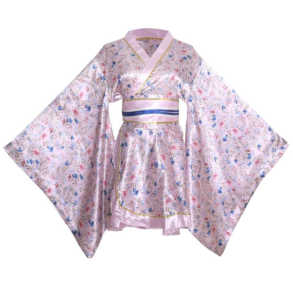 HUAHUA Women's Sexy Short Kimono Dress Floral Print Japanese Traditional Geisha Robe Bathrobe Skirt Belt Outfit