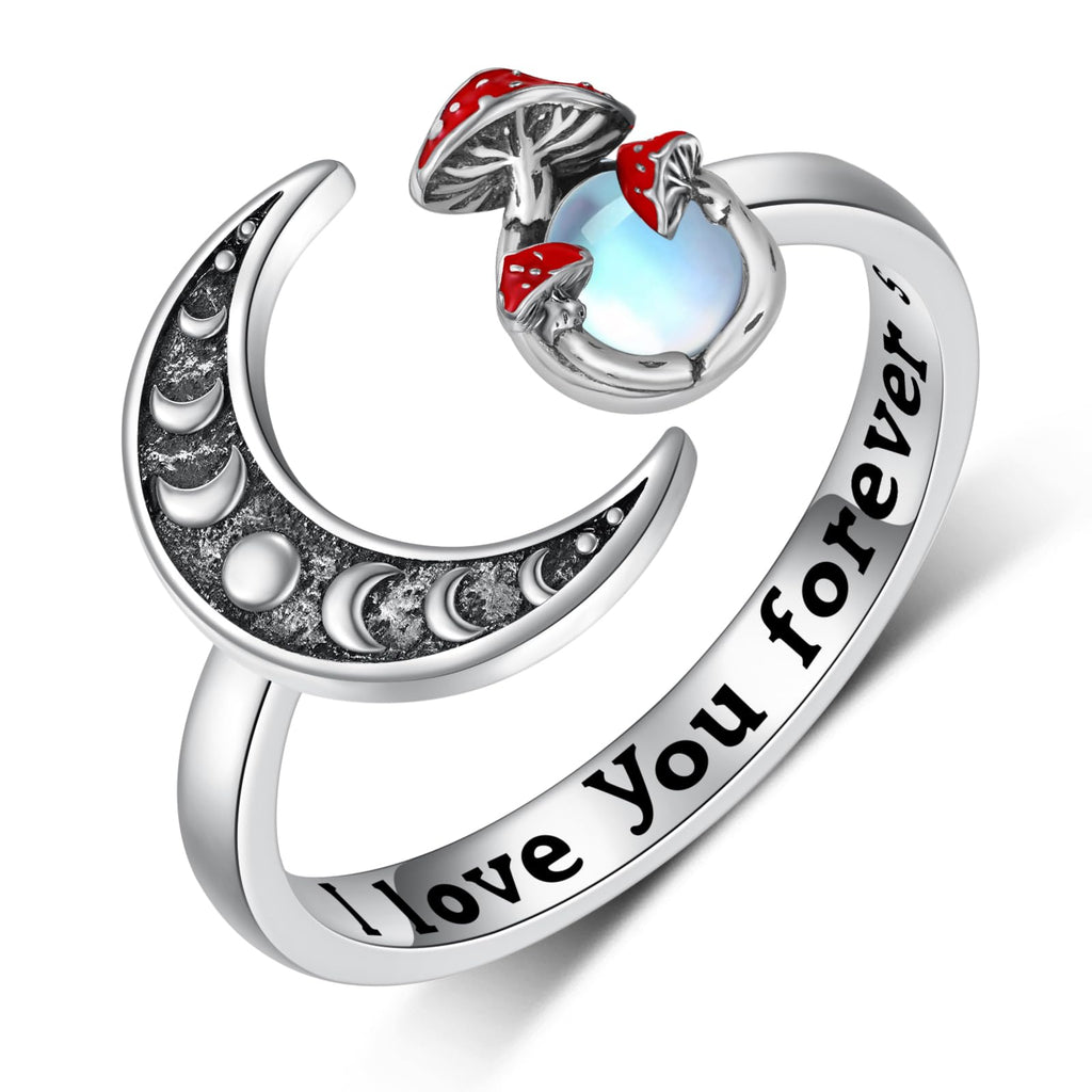 Moon Mushroom Ring for Women,925 Sterling Silver Magical Red Mushroom Rings Moon Phase Open Rings,Anniversary Birthday Gifts for Women Teen Mom