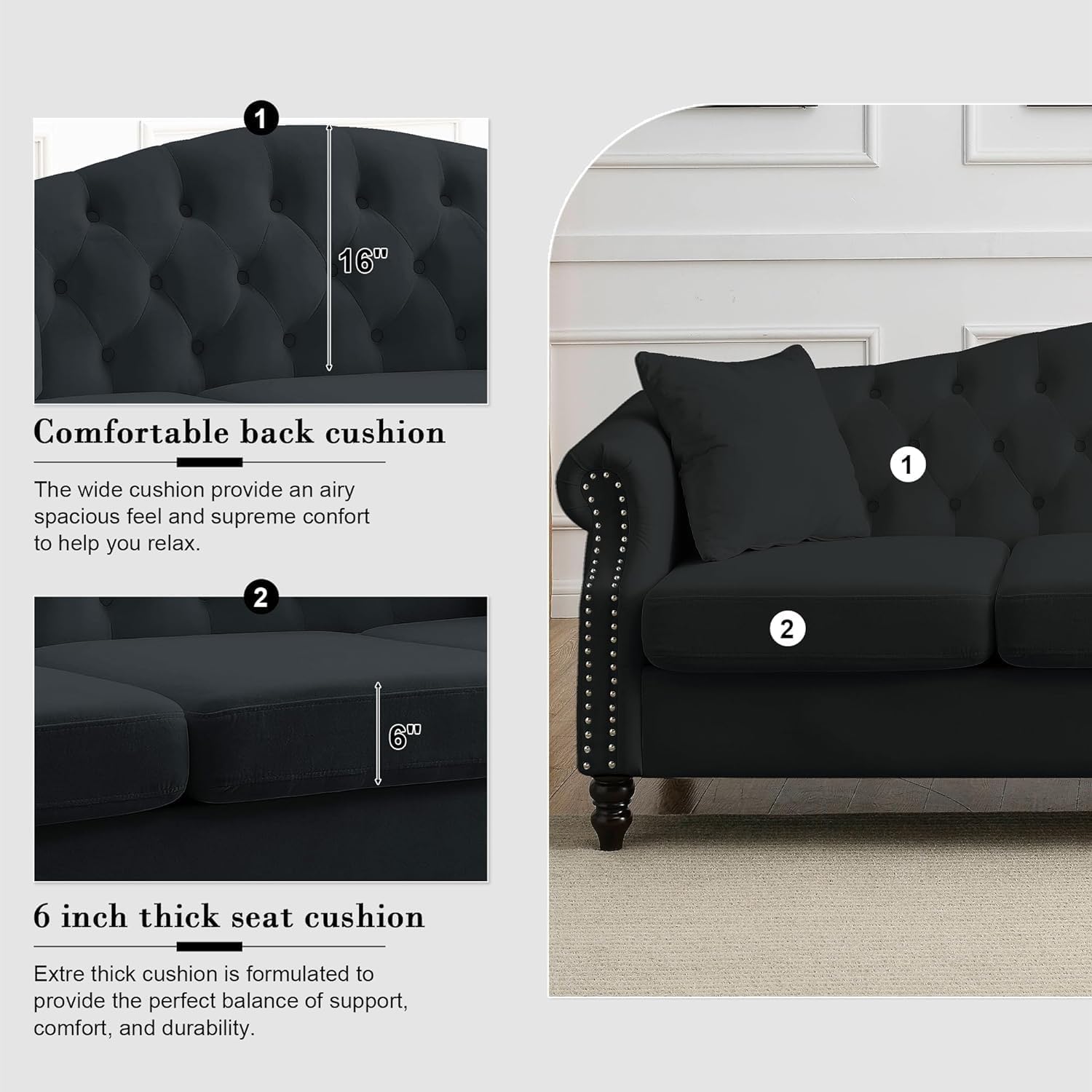 79" Chesterfield Velvet 3-Seater Sofa for Living Room,Tufted Couch with Rolled Arms Nailhead and Two Pillows for Living Room, Bedroom
