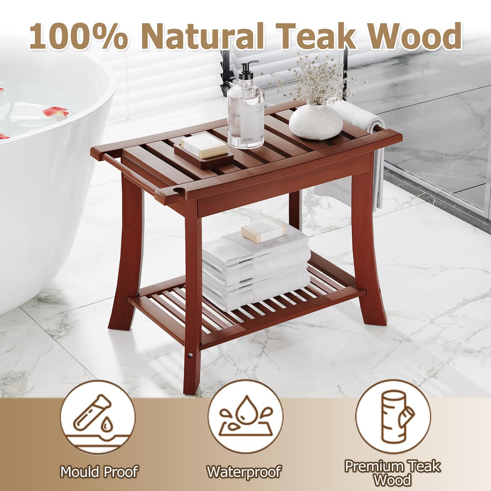 Homman Teak Shower Bench, 24 Inch Teak Shower Stool 300lbs Wood Shower Chair Seat with Storage Shelf Towel Rack for Bathroom Indoor and Outdoor Use