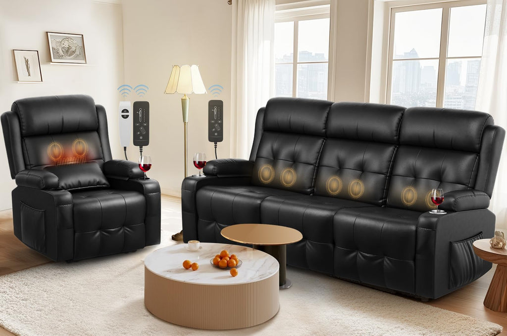 Recliner Sofa, Massage Reclining 3 Seater Sofa Sets Heavy Weight Capacity, RV Loveseat Clearance with Storage, Cup Holders, Wall Hugger Couches for Living Room