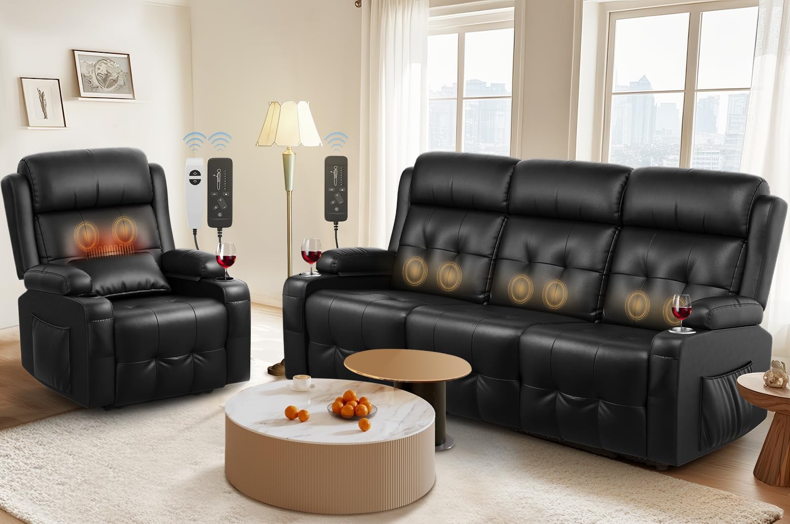 Recliner Sofa, Massage Reclining 3 Seater Sofa Sets Heavy Weight Capacity, RV Loveseat Clearance with Storage, Cup Holders, Wall Hugger Couches for Living Room