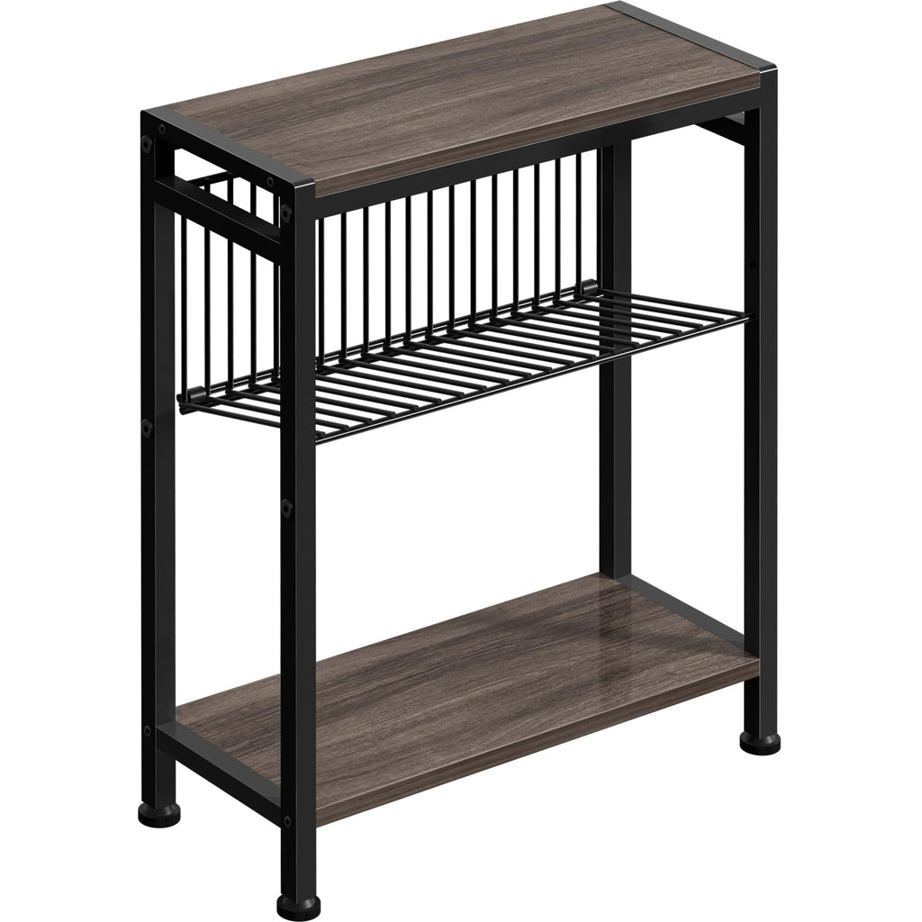 Small Side Table for Small Space, 3-Tier Narrow End Table with Magazine Holder,Slim Nightstand, Skinny Snack Couch Table in Living Room, Bedroom Study and Balcony (Rustic Brown &Black)
