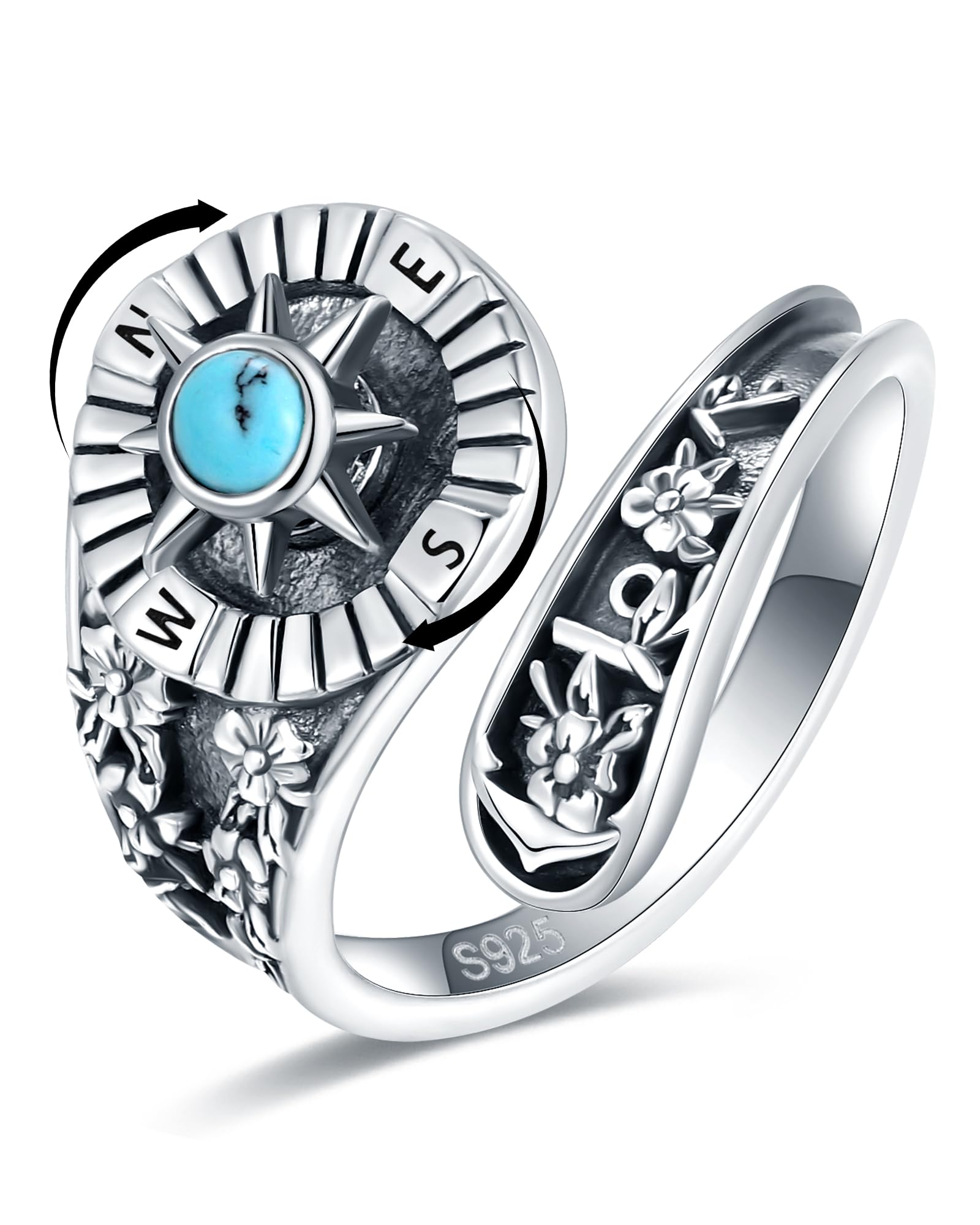 S925-Sterling-Silver Turquoise Dragonfly/Butterfly Spoon Ring - Vintage Boho Sunflower Thumb Rings Oxidized Wrap Ring Victorian Style Antique Floral Jewelry Gifts for Women