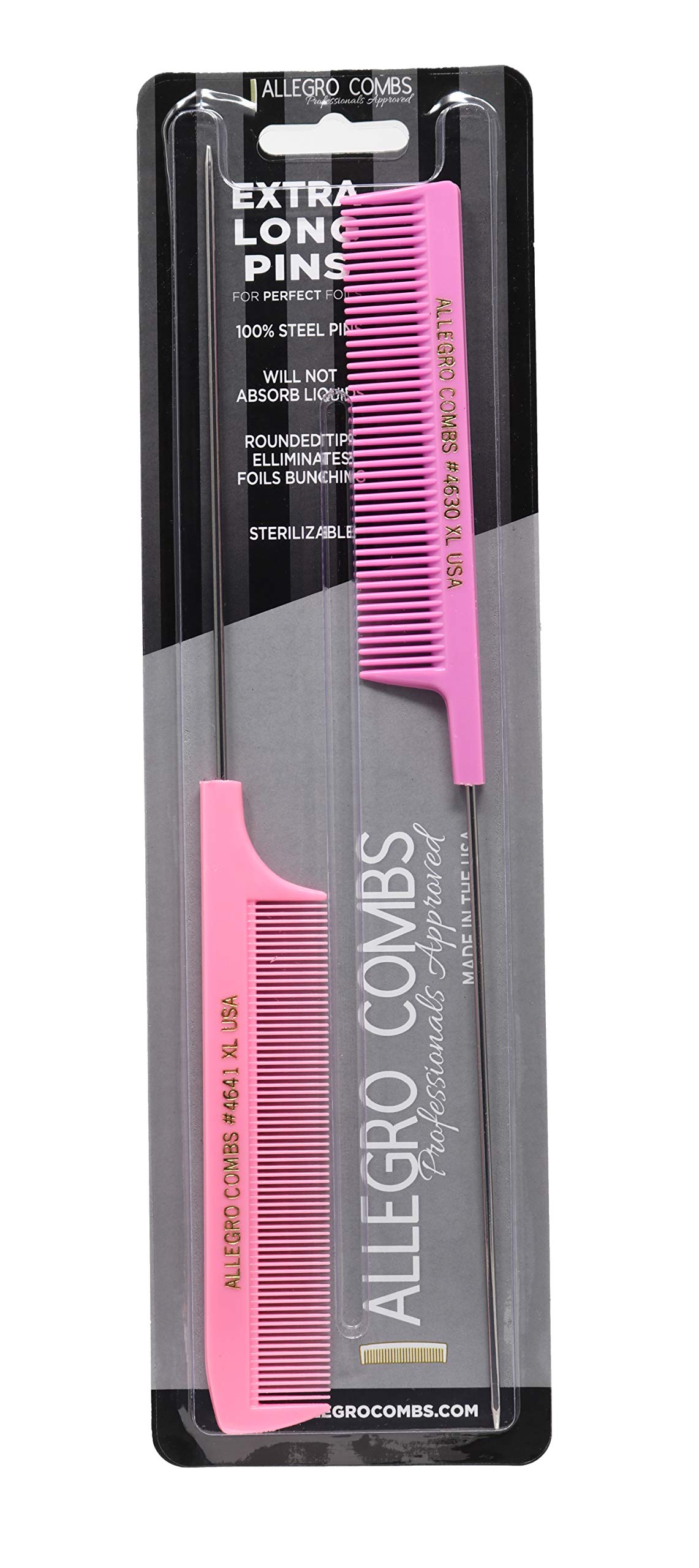 Allegro Combs XL Pintail Rat Tail Combs Parting Combs Metal Tail Foiling Combs Pin Combs 2 Pc. (PINK)