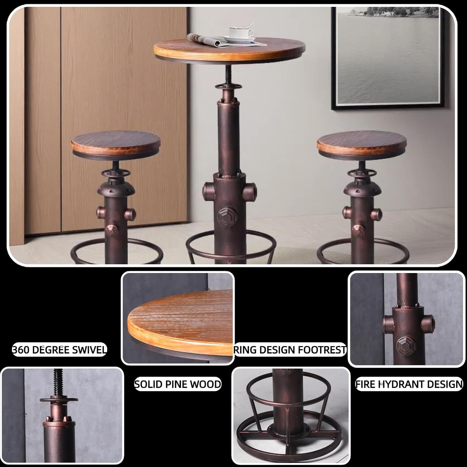 Industrial Bar Table Swivel Round Wooden Top Height Adjustable 38.6-44.4inch Vintage Kitchen Dining Chair Coffee Table Hydrant Design Bistro Table