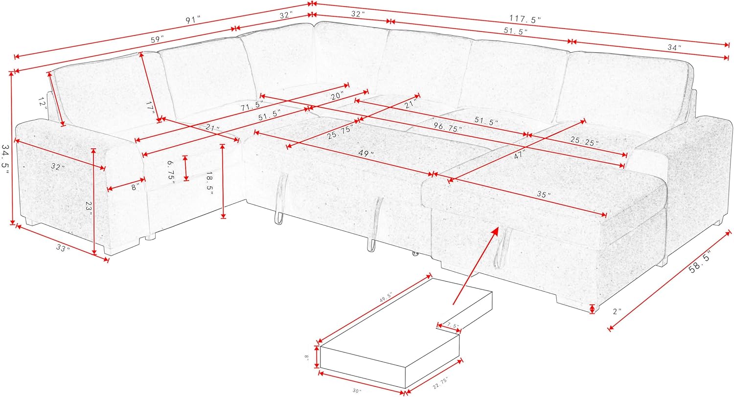 Oversized U-Shaped Sleeper Sectional Sofa Modern Fluffy Corduroy Upholstered Corner Convertible Sofabed with Pull Out Sleeper Couch Bed ,Storage Left Chaise and Pillows for Living Room Furniture Sets