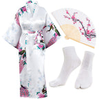 Heone Kimono Satin Peacock Printed Lightweight Cardigan Jacket Coat Yukata Cloak Bathrobe Tops folding Fans Tabi Socks Set