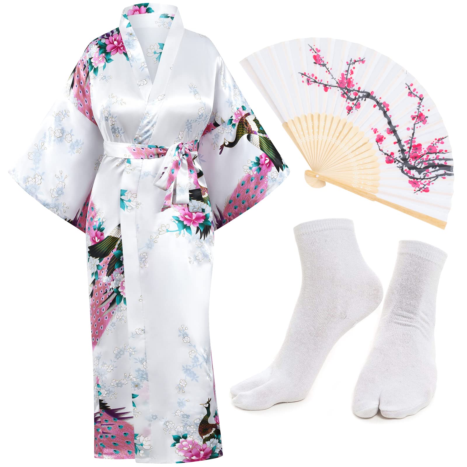 Heone Kimono Satin Peacock Printed Lightweight Cardigan Jacket Coat Yukata Cloak Bathrobe Tops folding Fans Tabi Socks Set