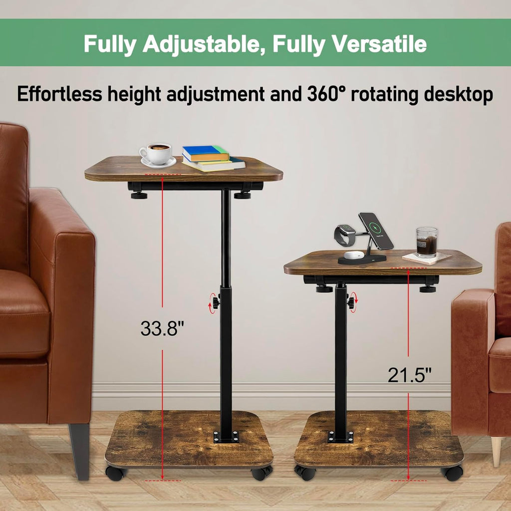 TV Tray with Wheels, 2-Tier Side Table for Couch – Adjustable Height & Angle, 360° Swivel C-Shaped End Table for Snacks, Meals, Coffee, Books, Tablets – Rustic Brown