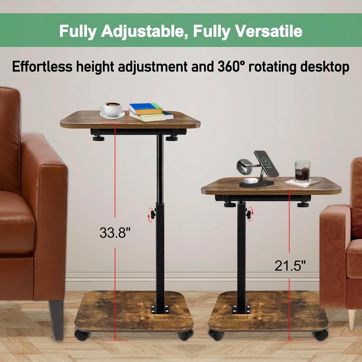 2-Tier TV Tray with Wheels, Adjustable Height & Angle, Wooden Side Table for Sofa – 360° Swivel C-Shaped End Table for Meals, Coffee, Snacks, Books & Tablets – Rustic Brown