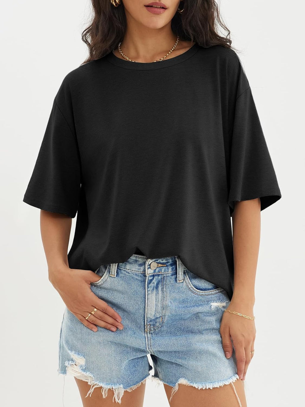 ATHMILE Womens Oversized T Shirts Loose Fit Crewneck Short Sleeve Tops Summer Casual Blouse Y2K 2025 Basic Tee Beach