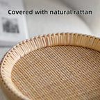 Rattan Small Side Table, Round Drink Table for Small Spaces, Boho Accent End Table with Solid Wood Leg for Living Room, Nightstand Table for Bedroom, Corners