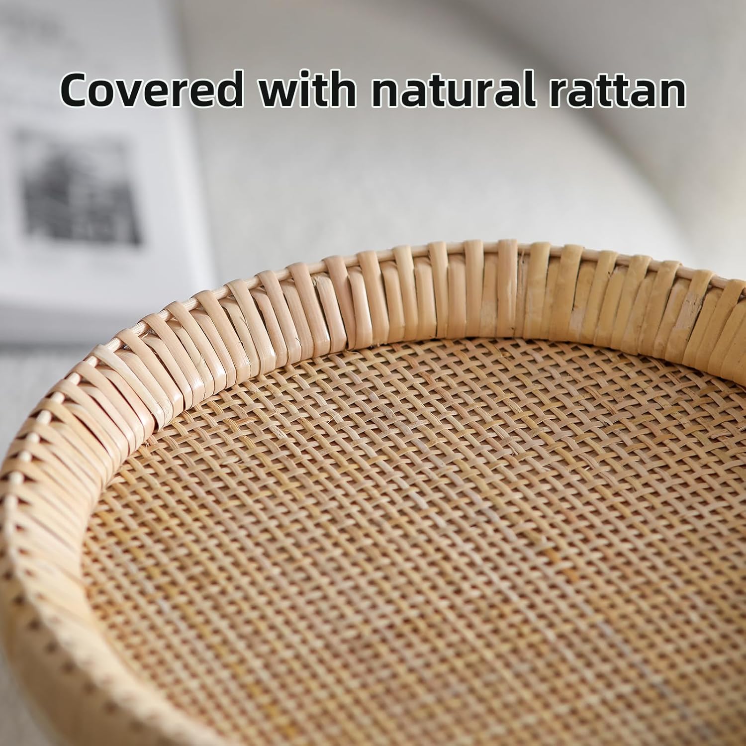 Rattan Small Side Table, Round Drink Table for Small Spaces, Boho Accent End Table with Solid Wood Leg for Living Room, Nightstand Table for Bedroom, Corners