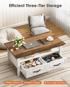 Amada Coffee Table for Living Room, 39.4" Small Coffee Table with Storage, Open Display Shelf and Hidden Drawers, Farmhouse Wood Center Table Ideal for Home Office, White and Oak