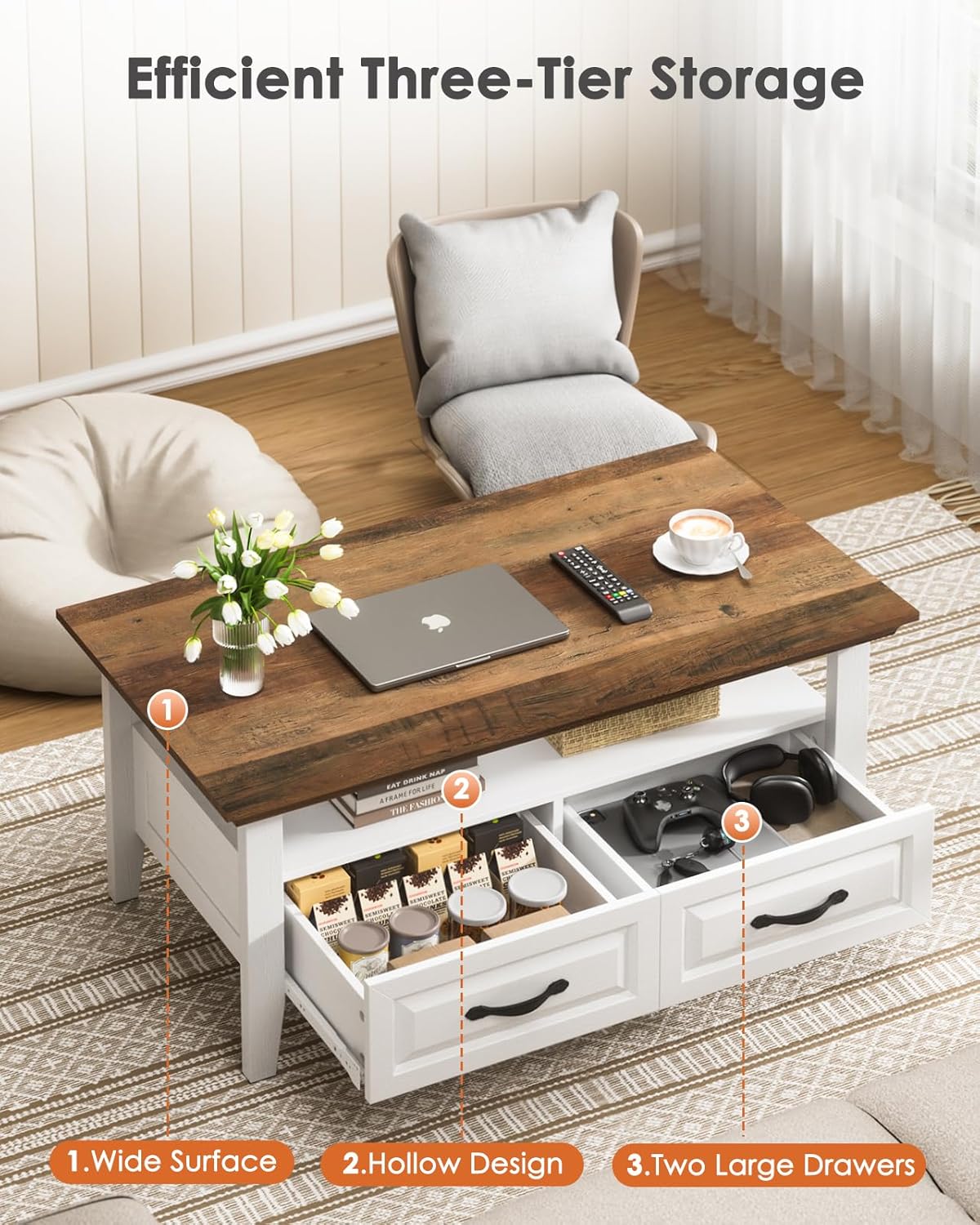 Amada Coffee Table for Living Room, 39.4" Small Coffee Table with Storage, Open Display Shelf and Hidden Drawers, Farmhouse Wood Center Table Ideal for Home Office, White and Oak