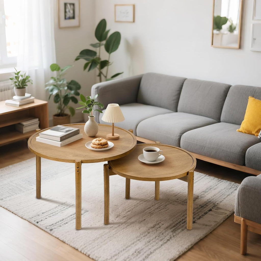 Wooden Round Nesting Coffee Tables Set of 2,Round End Table,Small Nesting Tables,Side Table,for for Living Room Bedroom Balcony by Solid Wood