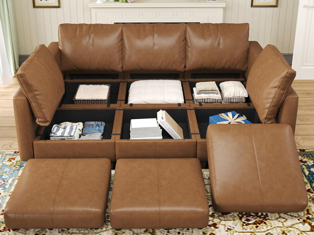 EASE MOOSE Faux Leather Sectional Modular Sleeper Sofa Sectional Sofa Bed with Storage, Faux Leather Modular Sofa Sectional Couch Brown