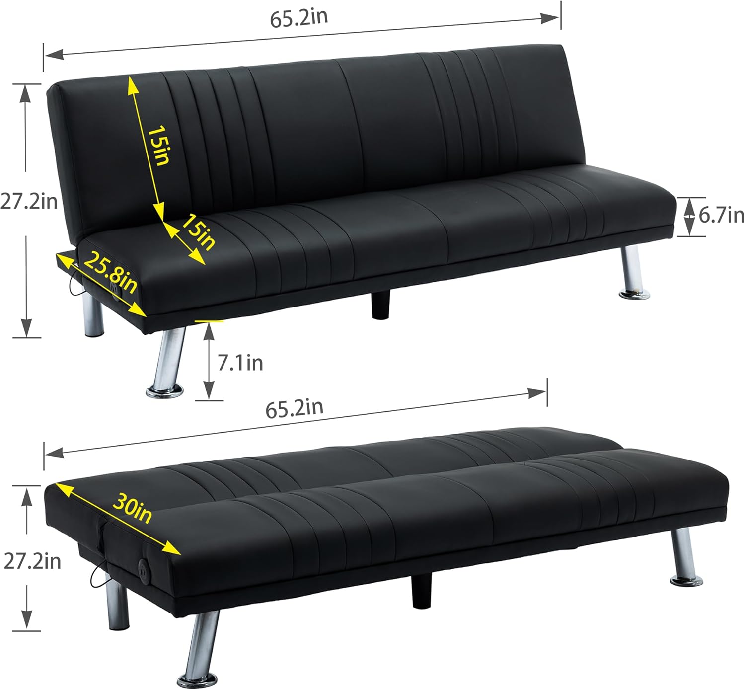 VECELO Modern Couch Bed, Convertible Sofa Bed/Folding Sleeper Couches Faux Leather Futon for Living Room, Futon Sofa Bed, Black