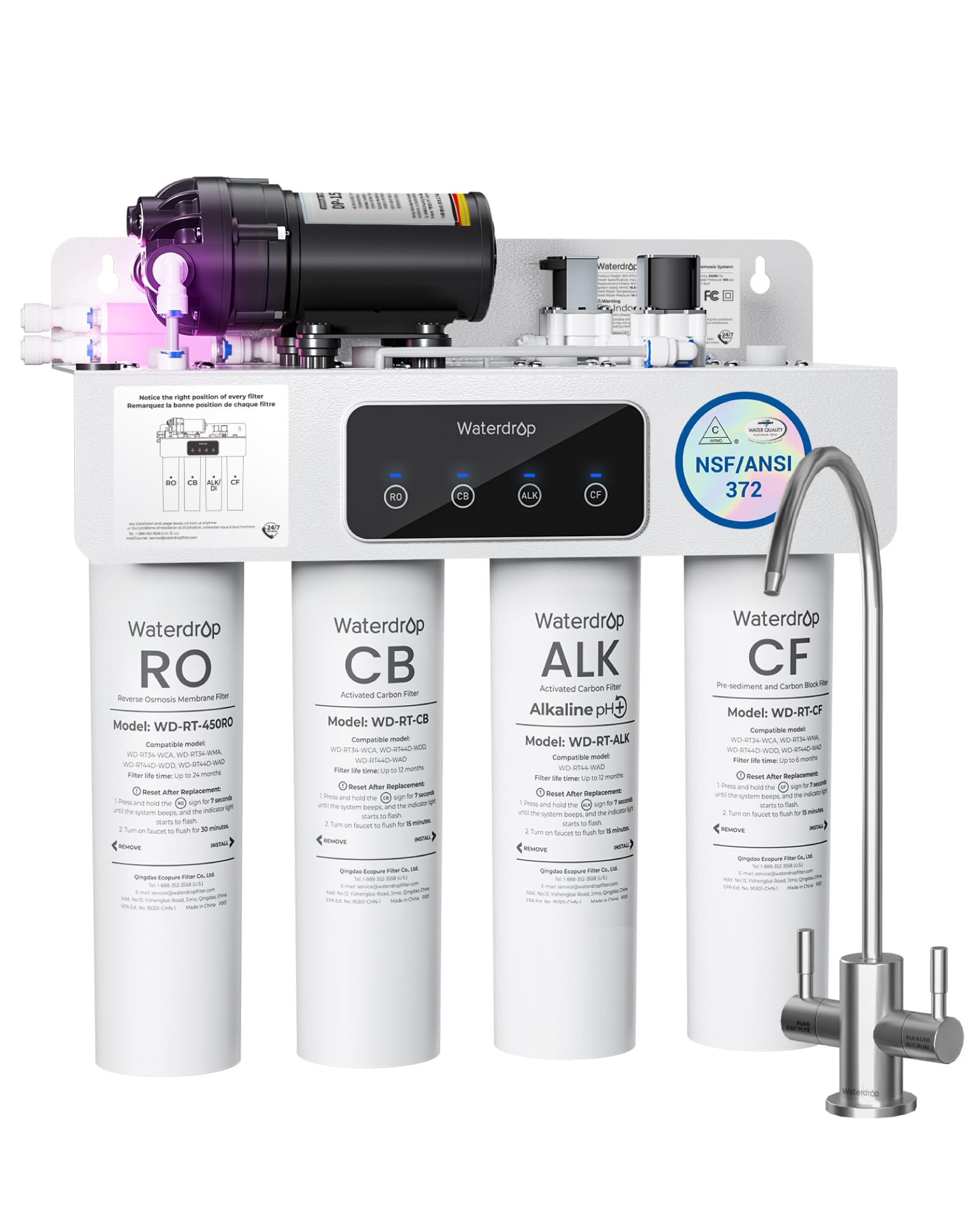 [Dual Flow] Waterdrop WD-T4-A Alkaline pH+ Reverse Osmosis Water Filter, NSF/ANSI 372 Certified, 10-Stage, 450GPD Tankless Undersink RO Filtration System, 2:1 Pure to Drain, BPA Free, Plug-in required