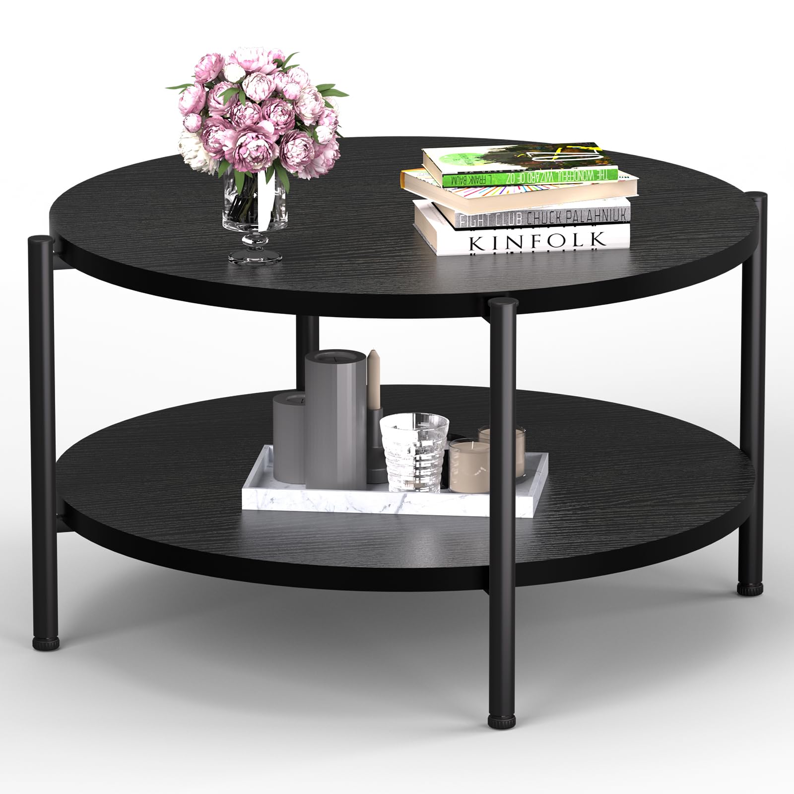 Coffee Table, 23.6" Coffee Tables for Living Room, Round Coffee Table with Metal Frame, Floor Table for Sitting on The Floor, Home, Office, Black