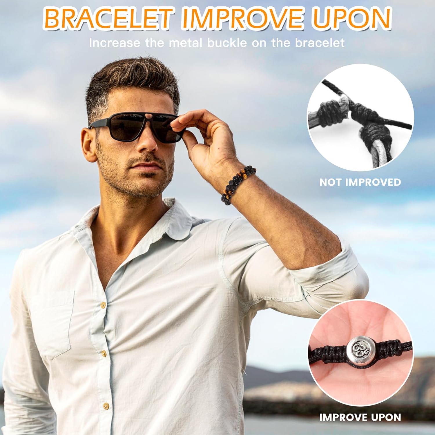 Triple Protection Bracelet - for Protect & Balance - Energy Crystal Handmade Bracelets for Men - Bring Good Luck & Prosperity, Tiger Eye Black Onyx and Lava Rock Jewelry Natural Stone Healing Bracelet