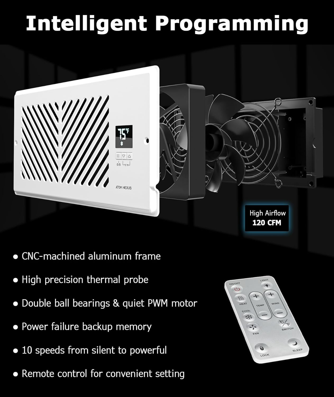 Quiet Register Booster Fan Fits 4”x10” Register Holes, Smart Vent Booster Fan with Thermostat & Remote Control, 10-Speed Control Heating Cooling AC Vent (White)