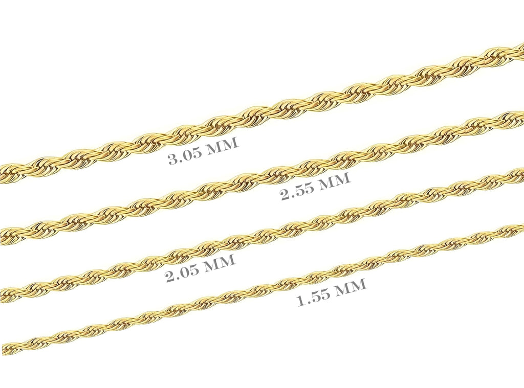 Colar de Corrente de Corda Maciça em Ouro Amarelo 14K Nareteri para Mulheres e Homens com Fecho Lagosta, 1,55mm, 16 polegadas