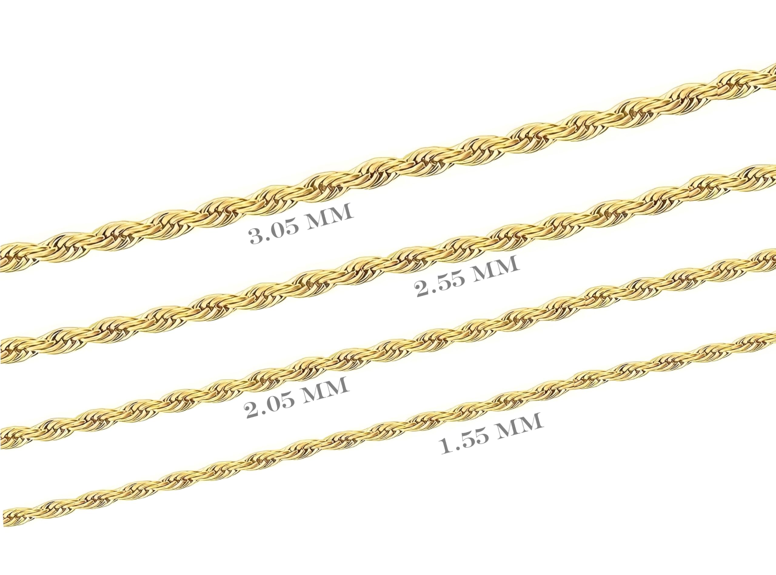 Colar de Corrente de Corda Maciça em Ouro Amarelo 14K Nareteri para Mulheres e Homens com Fecho Lagosta, 1,55mm, 16 polegadas