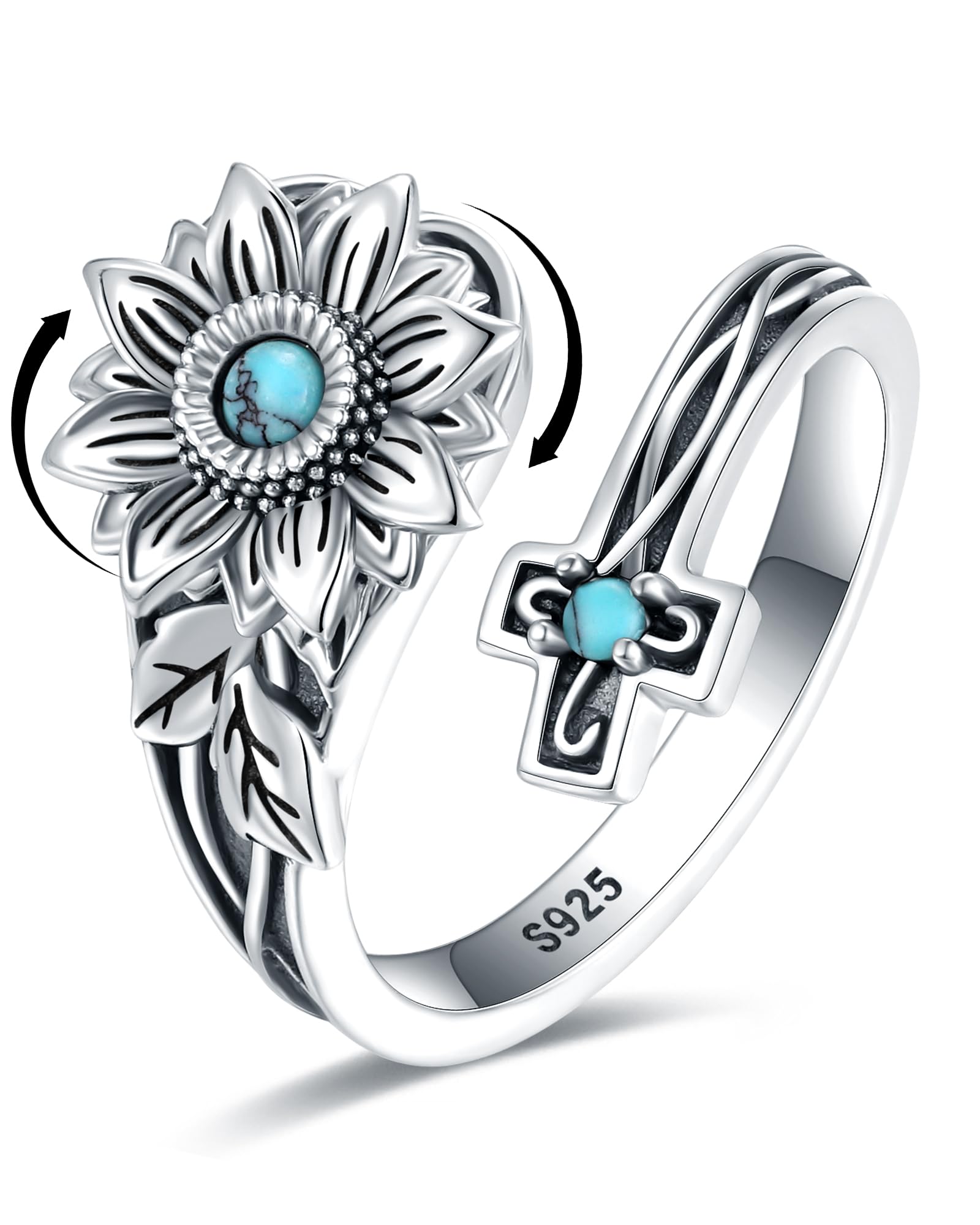 S925-Sterling-Silver Turquoise Dragonfly/Butterfly Spoon Ring - Vintage Boho Sunflower Thumb Rings Oxidized Wrap Ring Victorian Style Antique Floral Jewelry Gifts for Women