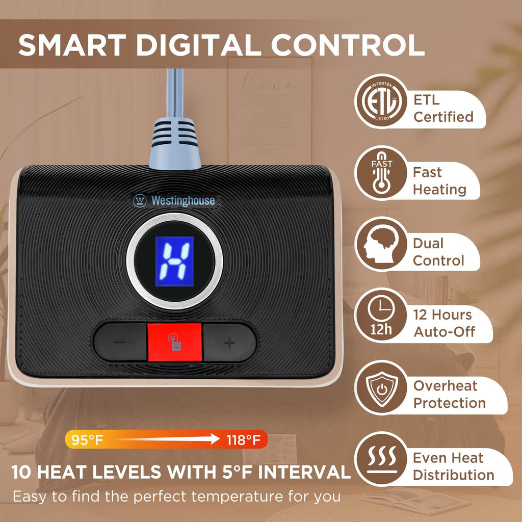Westinghouse Heated Blanket Queen Size, Soft Flannel to Sherpa Electric Blanket with 10 Heating Levels, 12 Hours Auto Off, Fast Heating Blanket, Machine Washable, 84x90 Inch, Charcoal