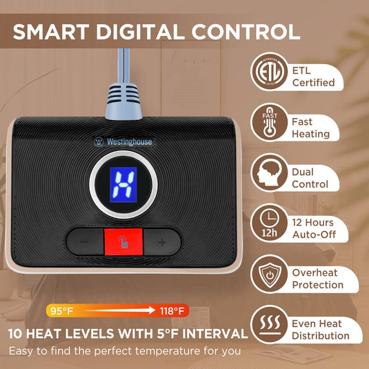 Westinghouse Heated Blanket Queen Size, Soft Flannel to Sherpa Electric Blanket with 10 Heating Levels, 12 Hours Auto Off, Fast Heating Blanket, Machine Washable, 84x90 Inch, Charcoal